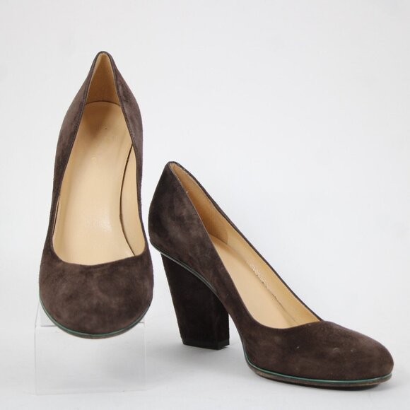 Kate Spade Sz 9 B Brown Green Trim Slip On Suede Upper Leather Inner 3" Heels - Picture 9 of 16